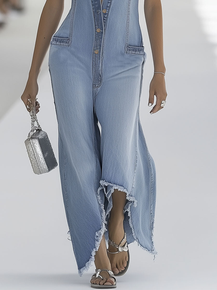 Combinaison en jean sans manches pour femme – coupe à jambes larges, boutonnée sur le devant, idéale pour un style décontracté estival