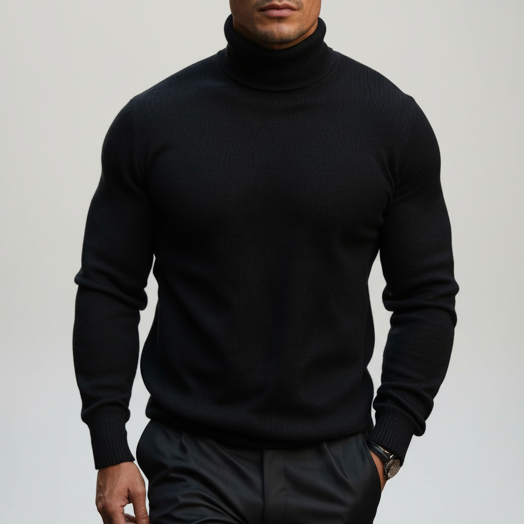 Herres finstrikkede rullekravesweater med ribkanter
