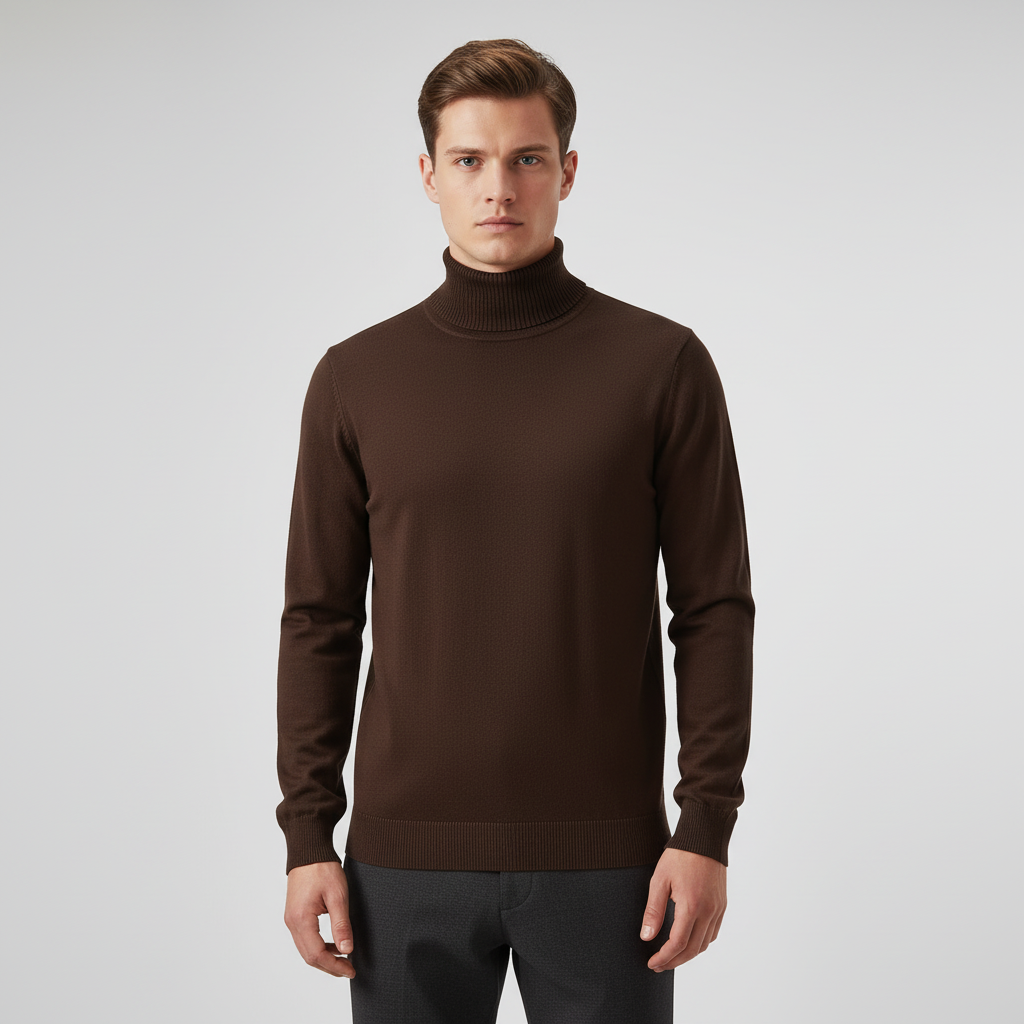 Herres finstrikkede rullekravesweater med ribkanter