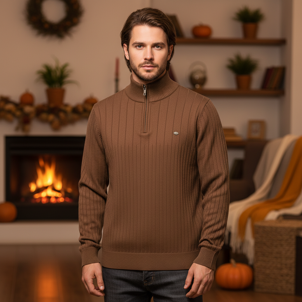 Herrestrikket kvart-zip sweater med hævet krave