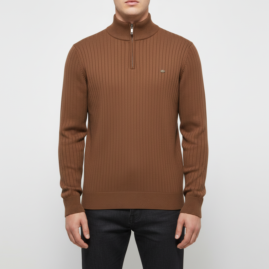 Herrestrikket kvart-zip sweater med hævet krave