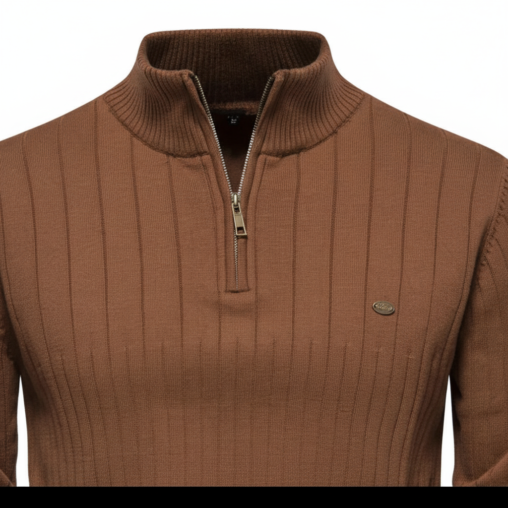 Herrestrikket kvart-zip sweater med hævet krave