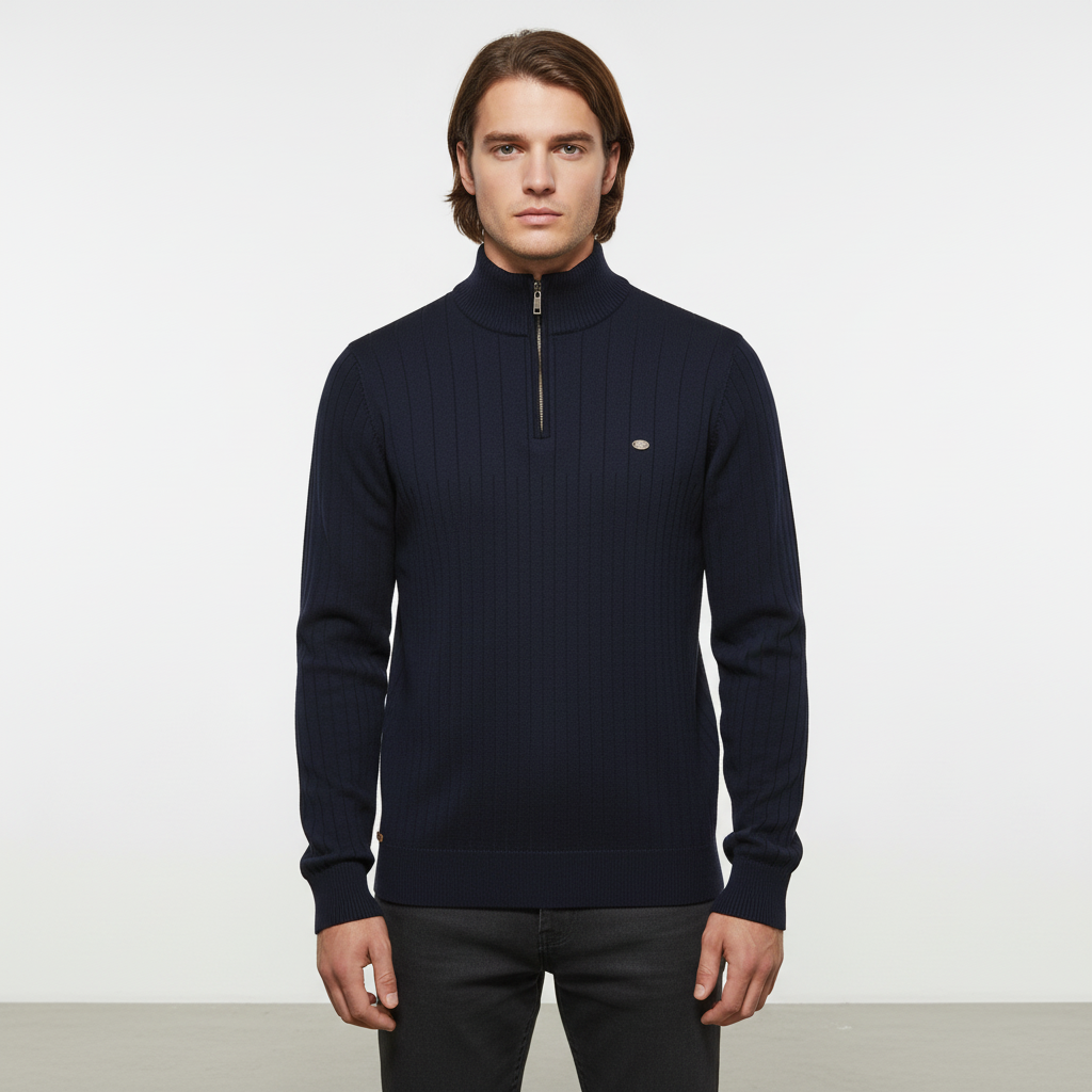 Herrestrikket kvart-zip sweater med hævet krave