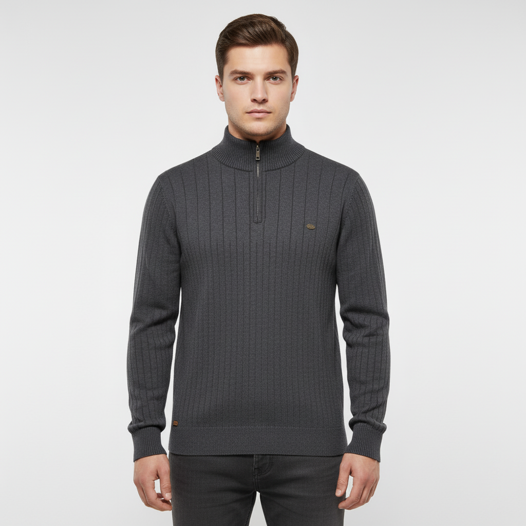 Herrestrikket kvart-zip sweater med hævet krave