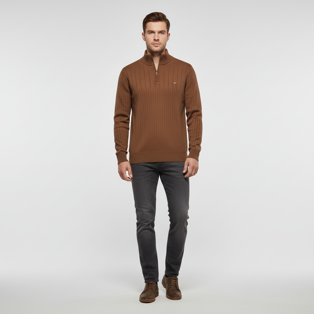 Herrestrikket kvart-zip sweater med hævet krave