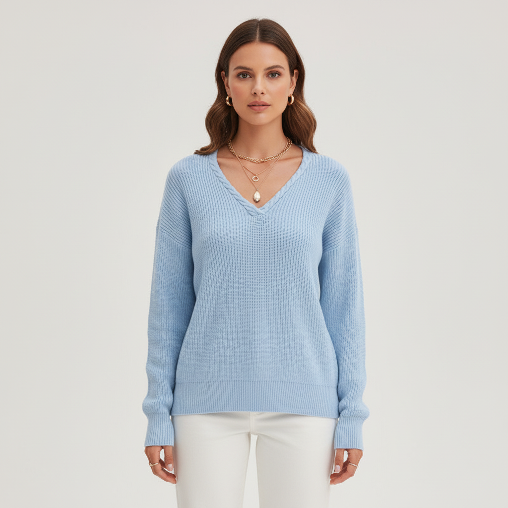 Dame ribstrikket V-hals sweater med afslappede ærmer