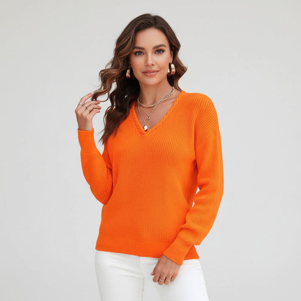 Dame ribstrikket V-hals sweater med afslappede ærmer