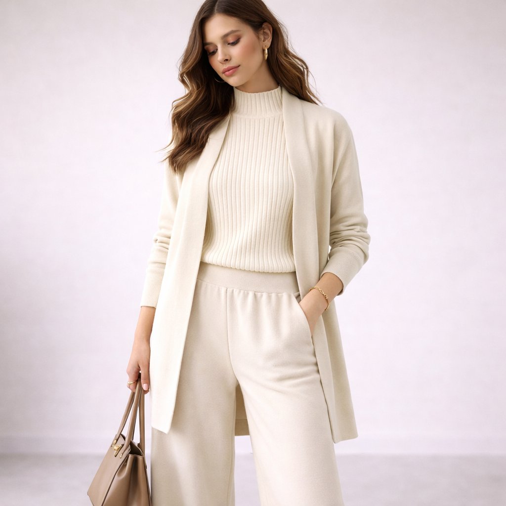 Ensemble de voyage doux en maille pour femme – trois pièces : haut à col montant, pantalon à jambes larges et cardigan long
