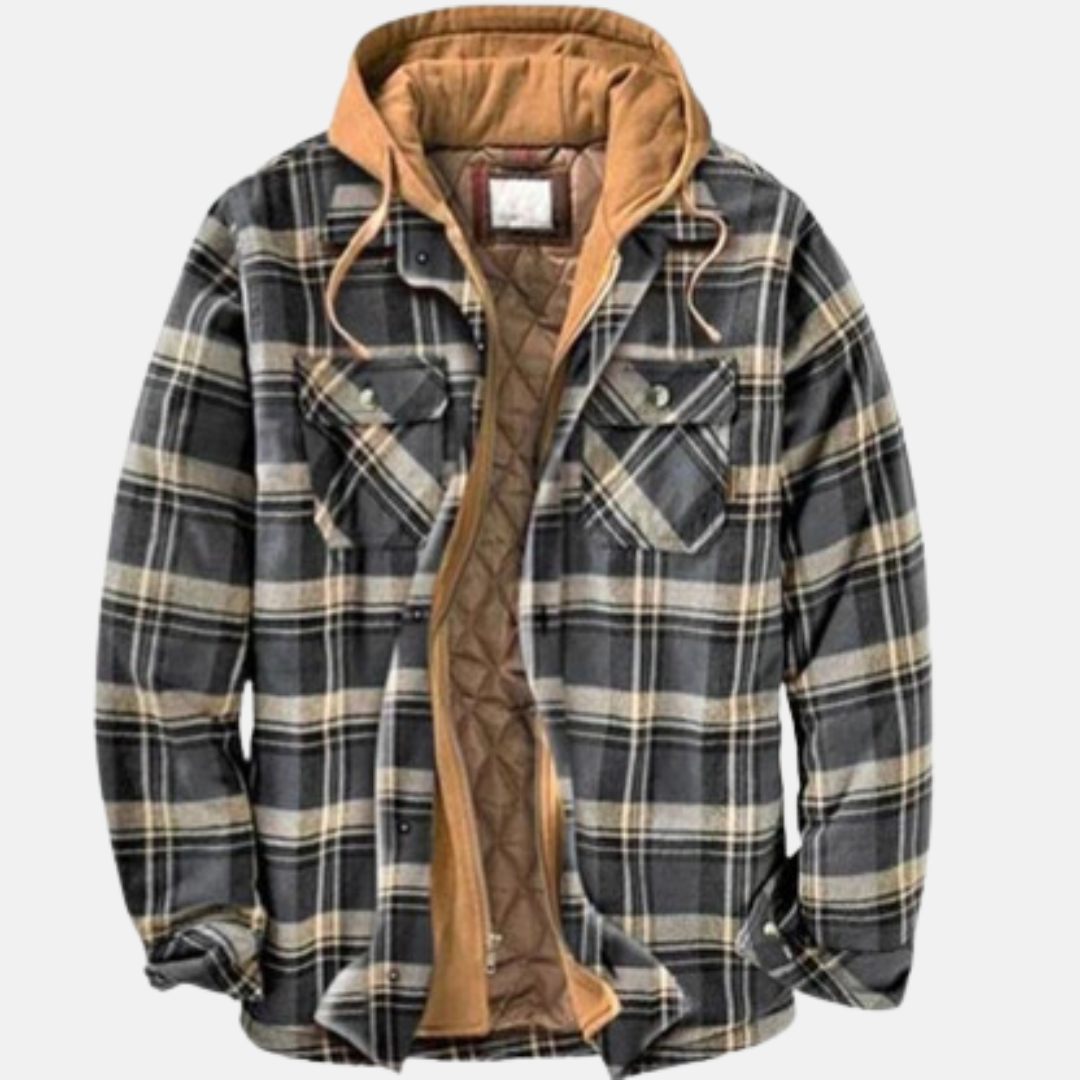 Men’s Warm Hooded Overshirt Jacket – Printed Quilted Layer for Outdoor Wear