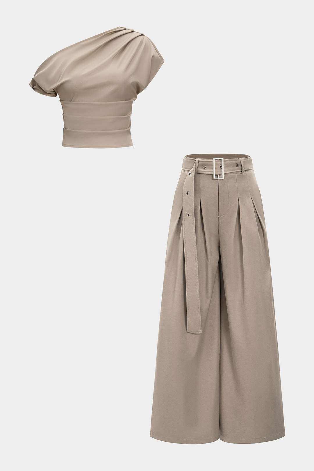 Elegante gedrapeerde top met één schouder en broekset voor dames met riem en wijde pijpen - verfijnde tweedelige outfit voor feestjes en geklede casual gelegenheden