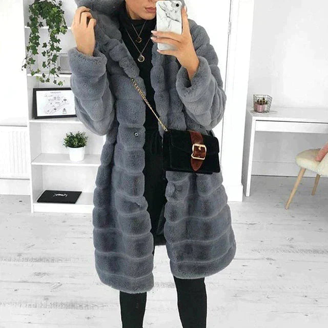 Women’s Hooded Faux Fur Coat – Plush Longline Layer for Statement Winter Styling