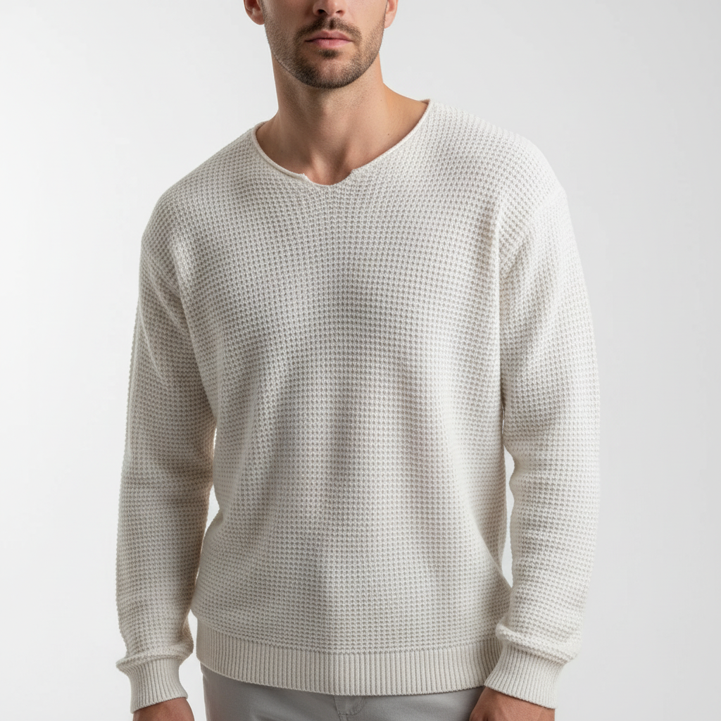Herresweater i vaffelstrik med udskåret rund hals