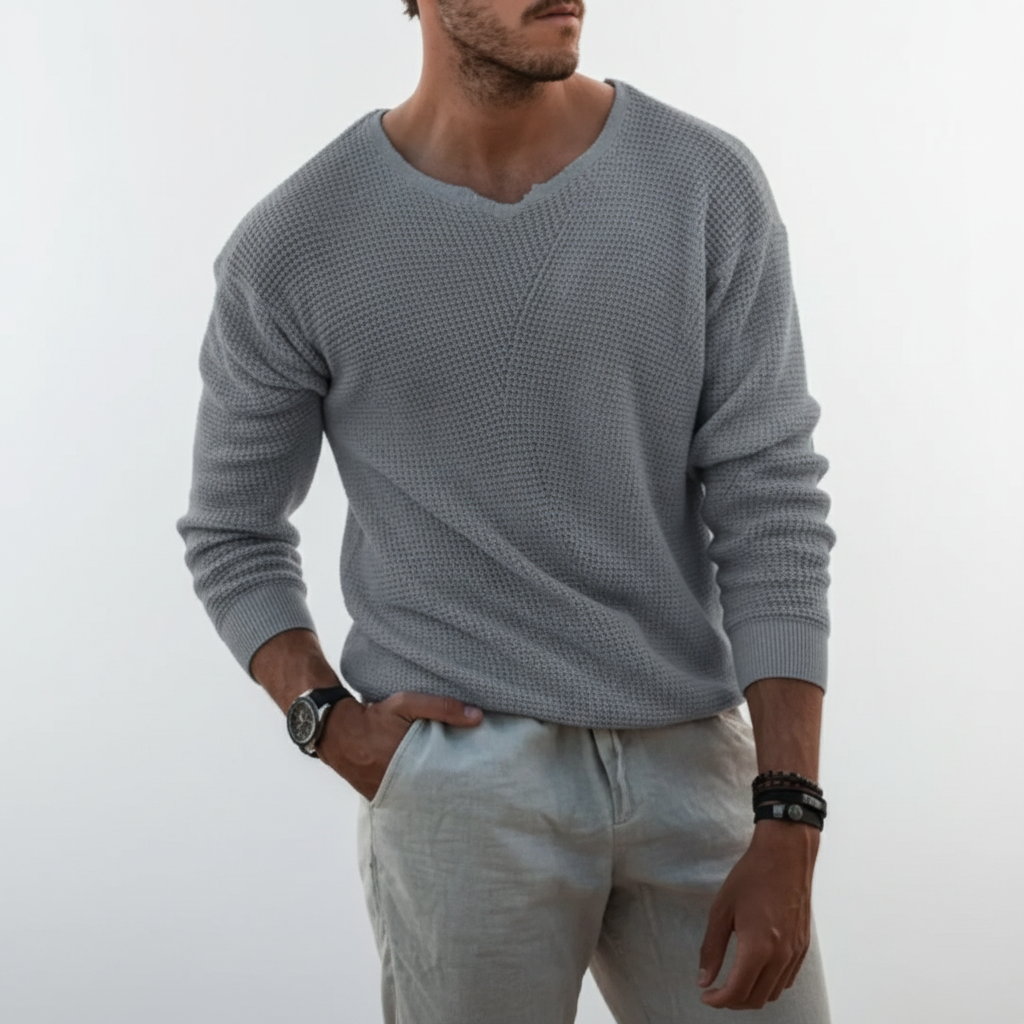 Herresweater i vaffelstrik med udskåret rund hals