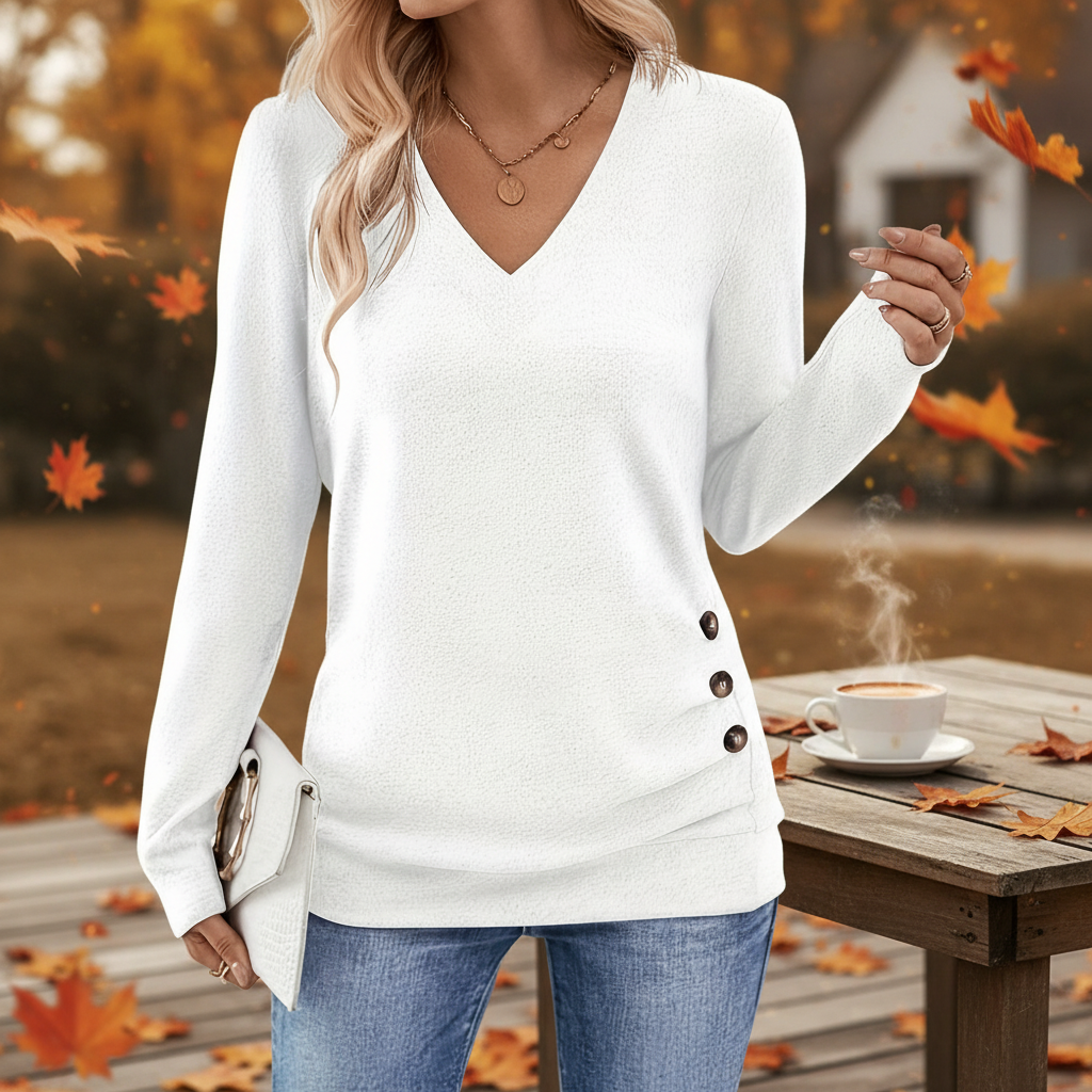 Dame V-hals sweater med knapdetalje i siden