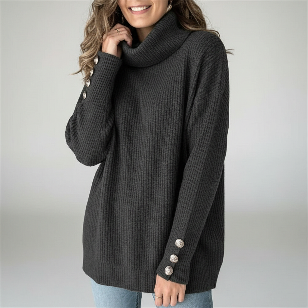 Dame ribstrikket sweater med krave og knapper ved ærmerne