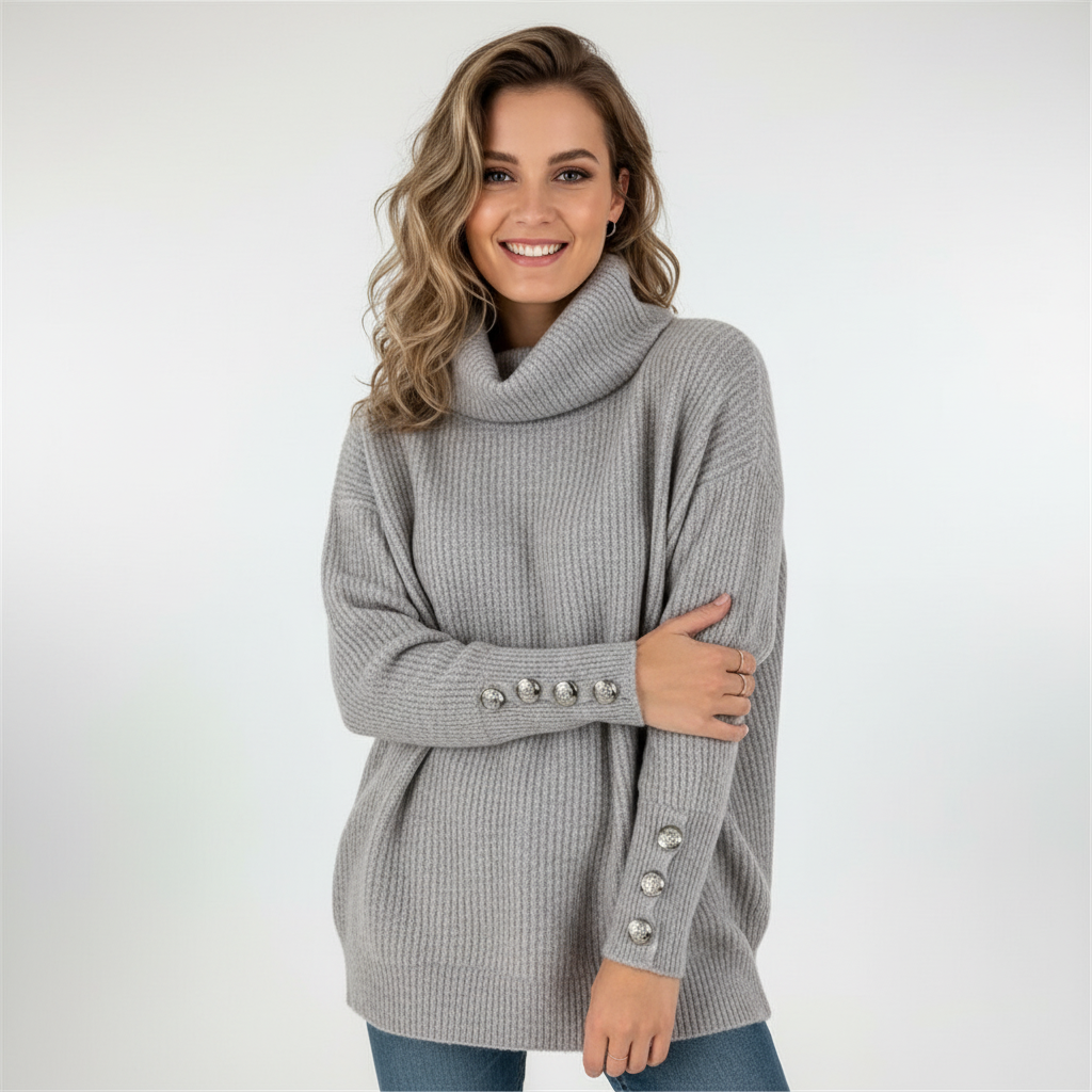 Dame ribstrikket sweater med krave og knapper ved ærmerne