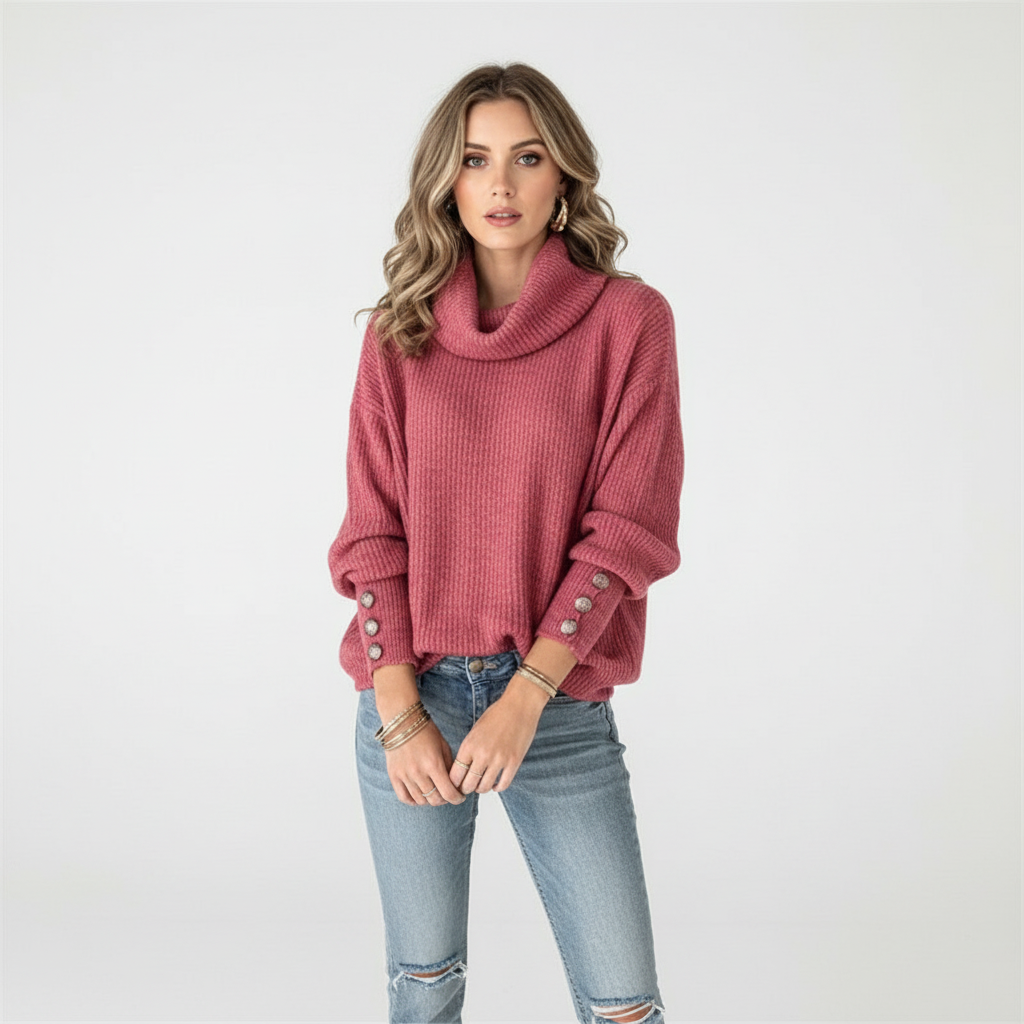 Dame ribstrikket sweater med krave og knapper ved ærmerne
