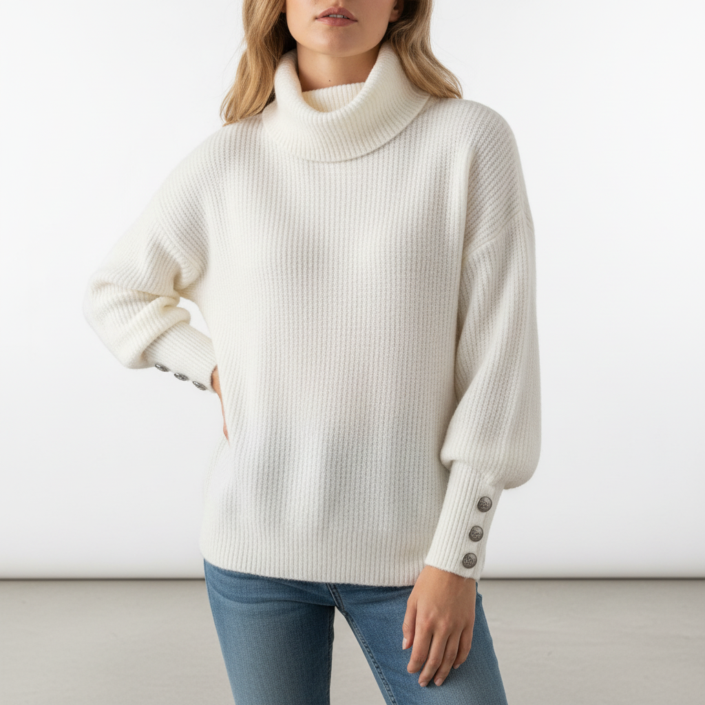 Dame ribstrikket sweater med krave og knapper ved ærmerne