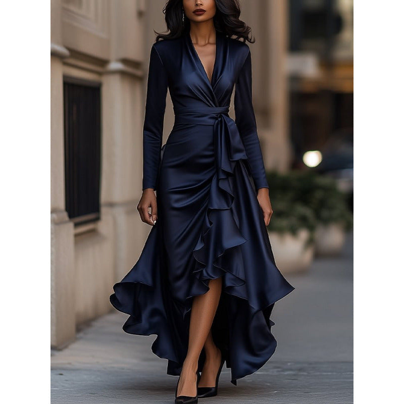 Women’s Plunge Wrap Maxi Dress With Asymmetric Ruffle Hem