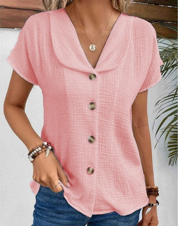 Blusa de mujer con cuello y botones, mangas cortas texturizadas