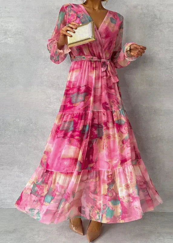 Women’s Dress Printed Wrap Tiered Maxi with Tie Belt