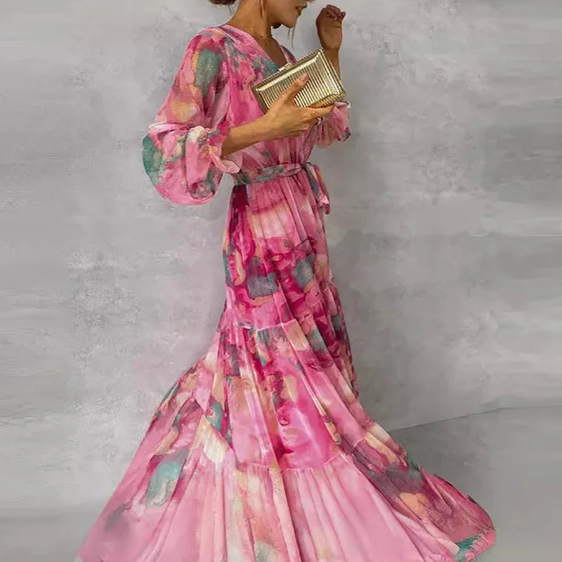 Women’s Dress Printed Wrap Tiered Maxi with Tie Belt