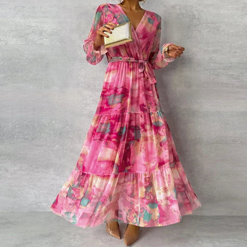 Women’s Dress Printed Wrap Tiered Maxi with Tie Belt