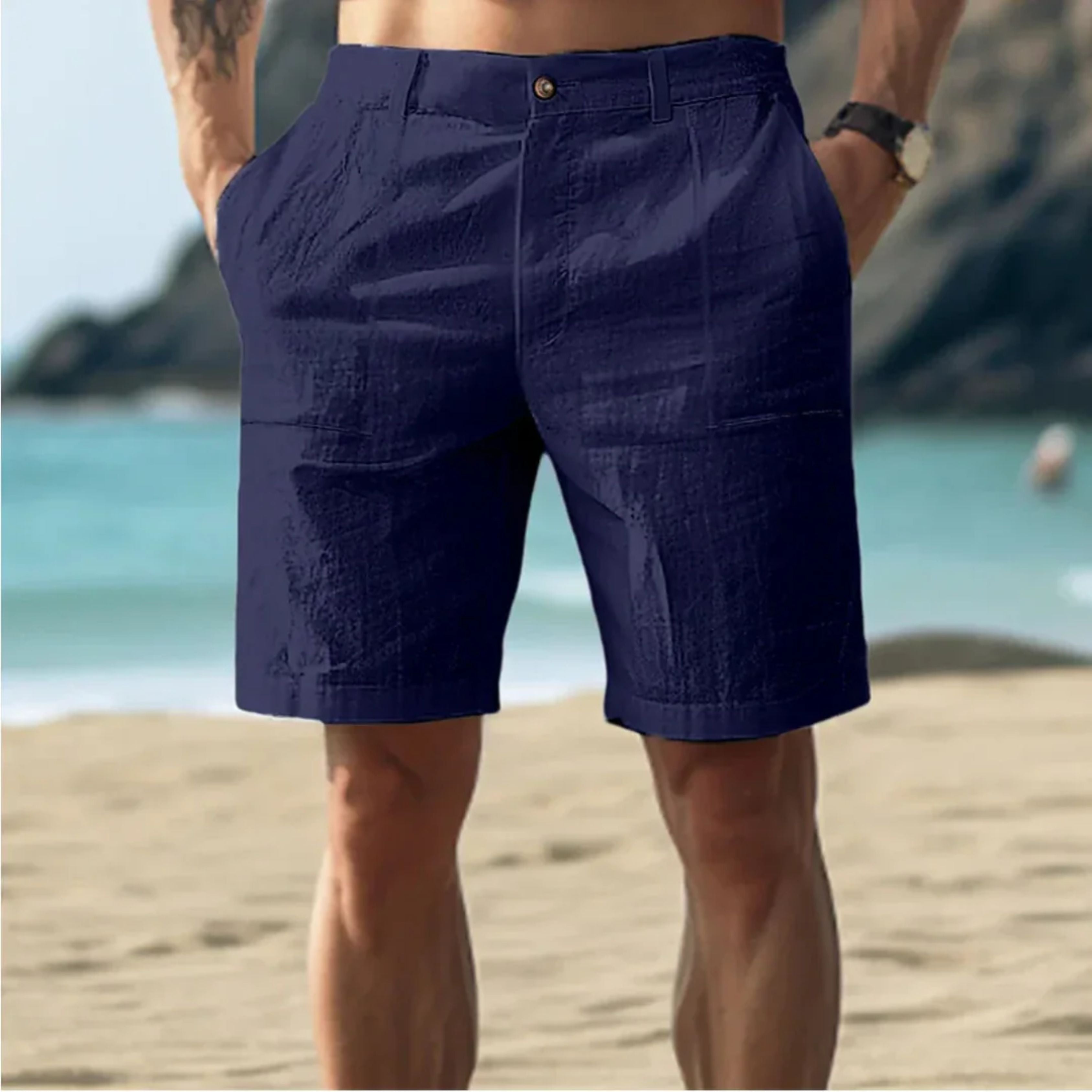 Pantalones cortos de verano para hombre con cintura abotonada y pierna recta texturizada