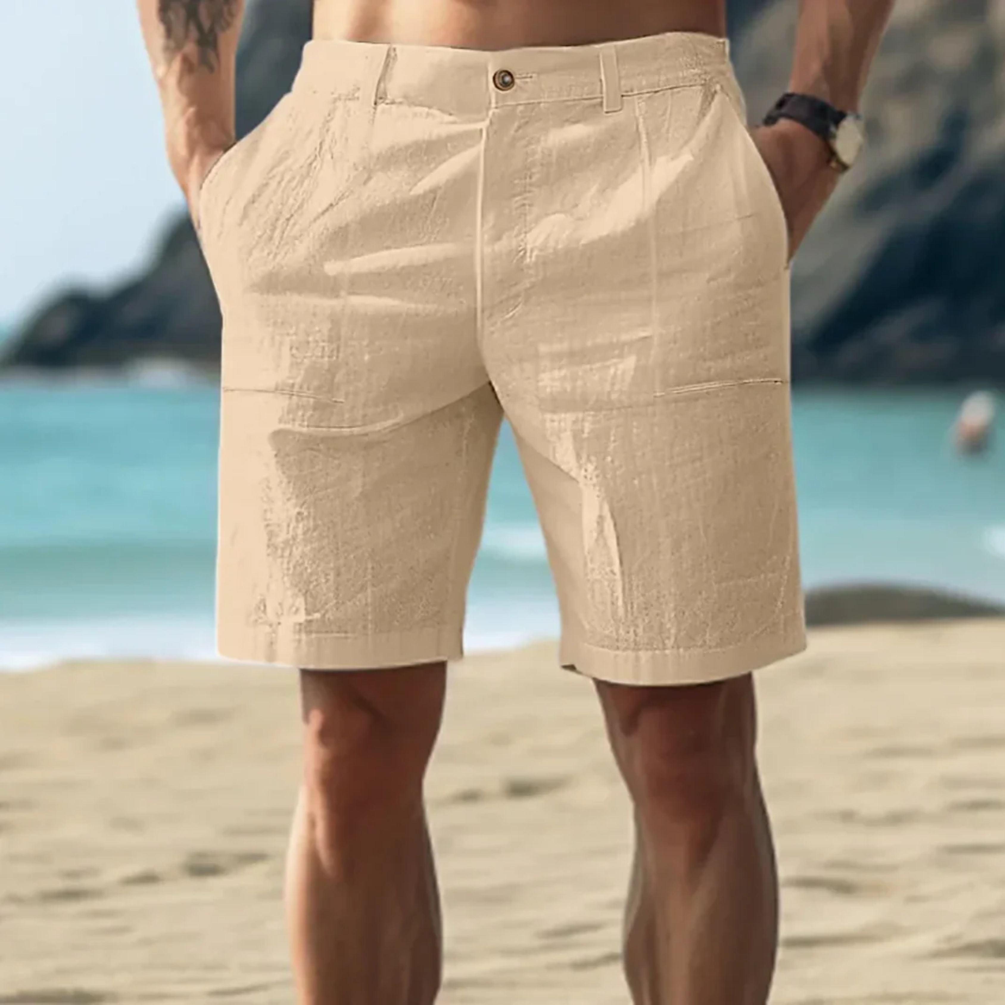 Pantalones cortos de verano para hombre con cintura abotonada y pierna recta texturizada