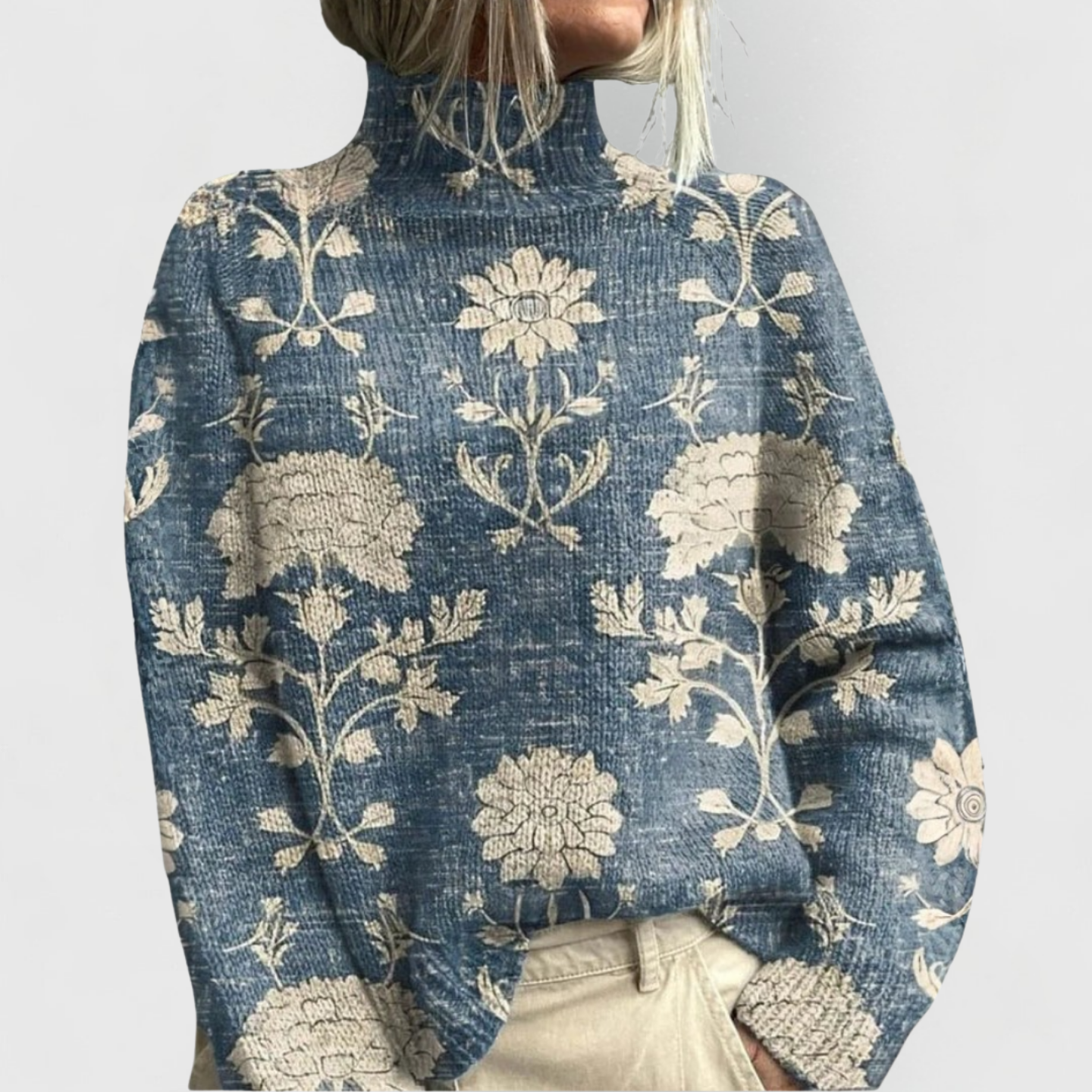 Camisola de malha estampada de gola alta para mulher – Camada de inverno descontraída para o dia a dia