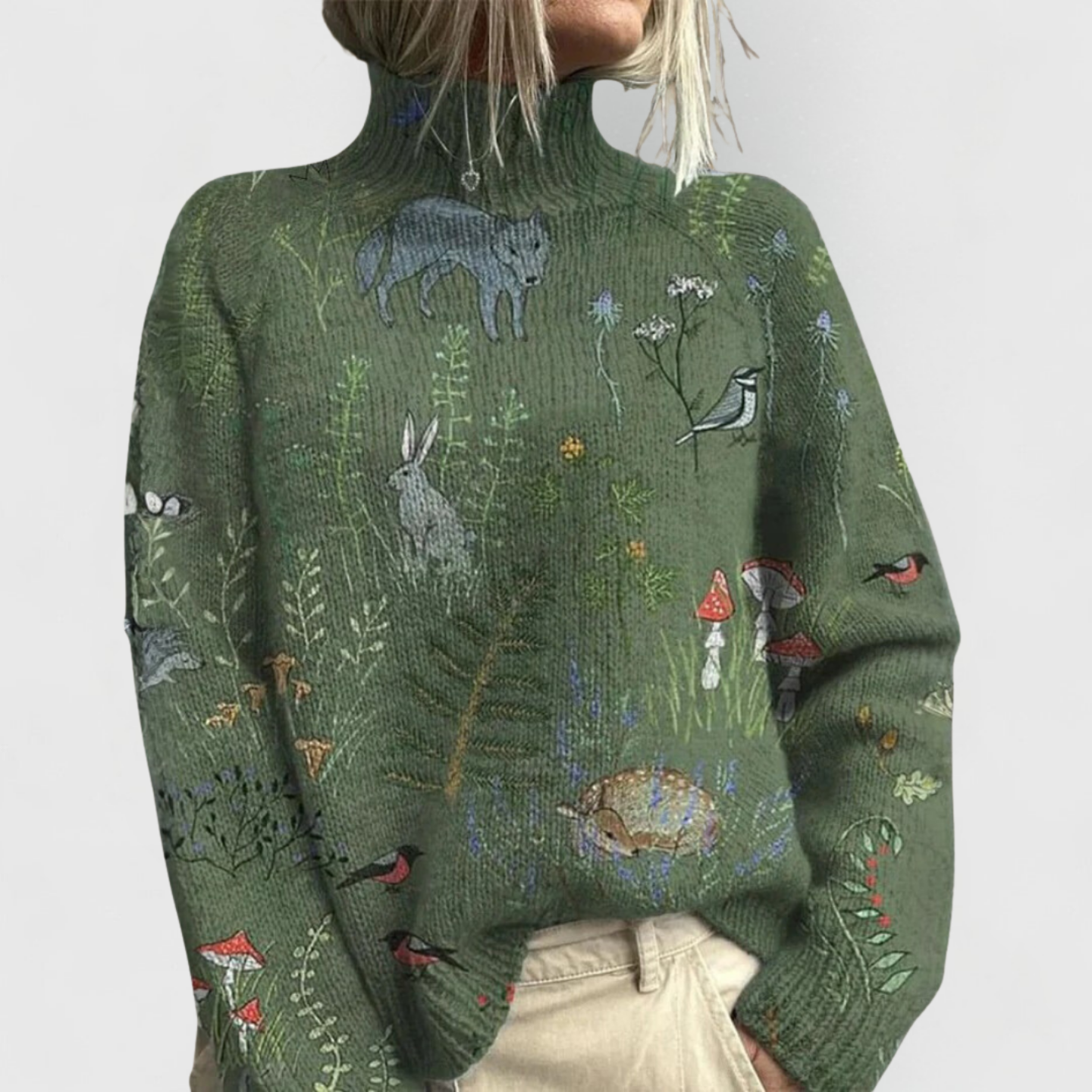 Camisola de malha estampada de gola alta para mulher – Camada de inverno descontraída para o dia a dia