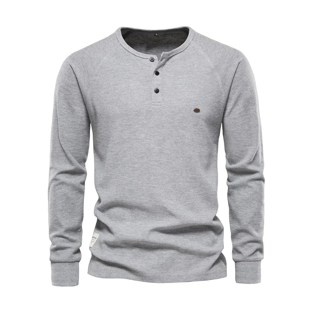 Camiseta Henley para hombre, manga larga, cuello con botones, casual