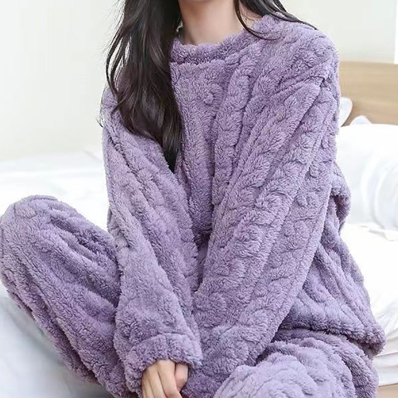 Women’s Plush Cable-Texture Lounge Set – Cosy Long-Sleeve Top and Trousers for Winter Comfort