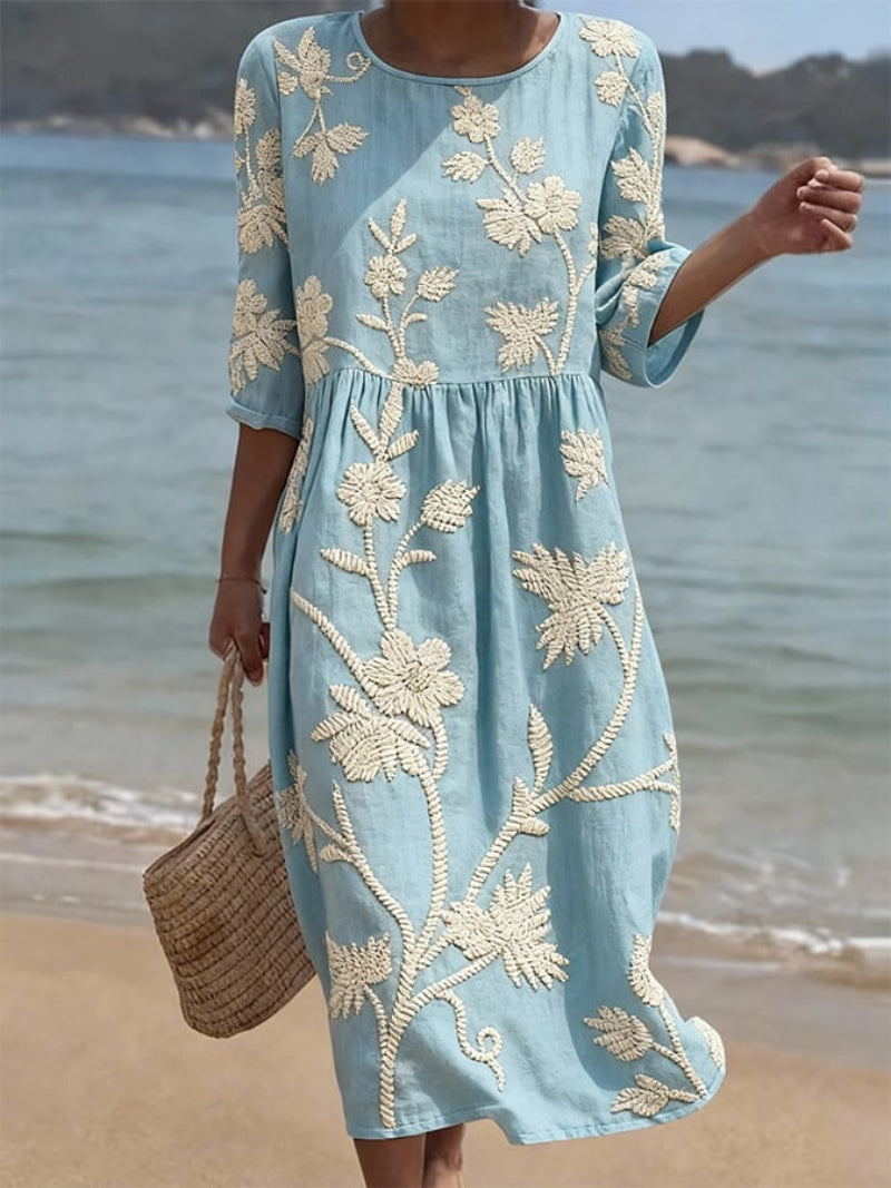 Women’s Embroidered Midi Dress Relaxed Elegant Occasion Style