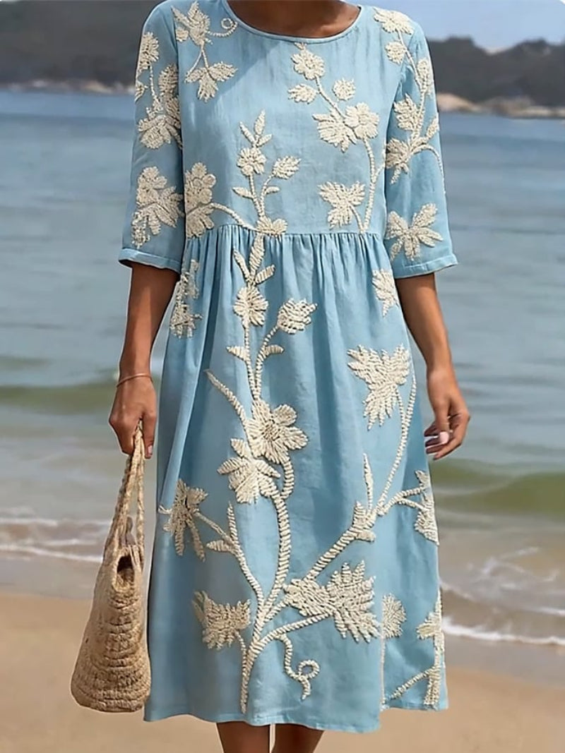 Women’s Embroidered Midi Dress Relaxed Elegant Occasion Style