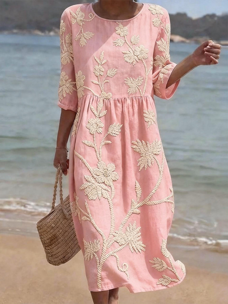 Women’s Embroidered Midi Dress Relaxed Elegant Occasion Style