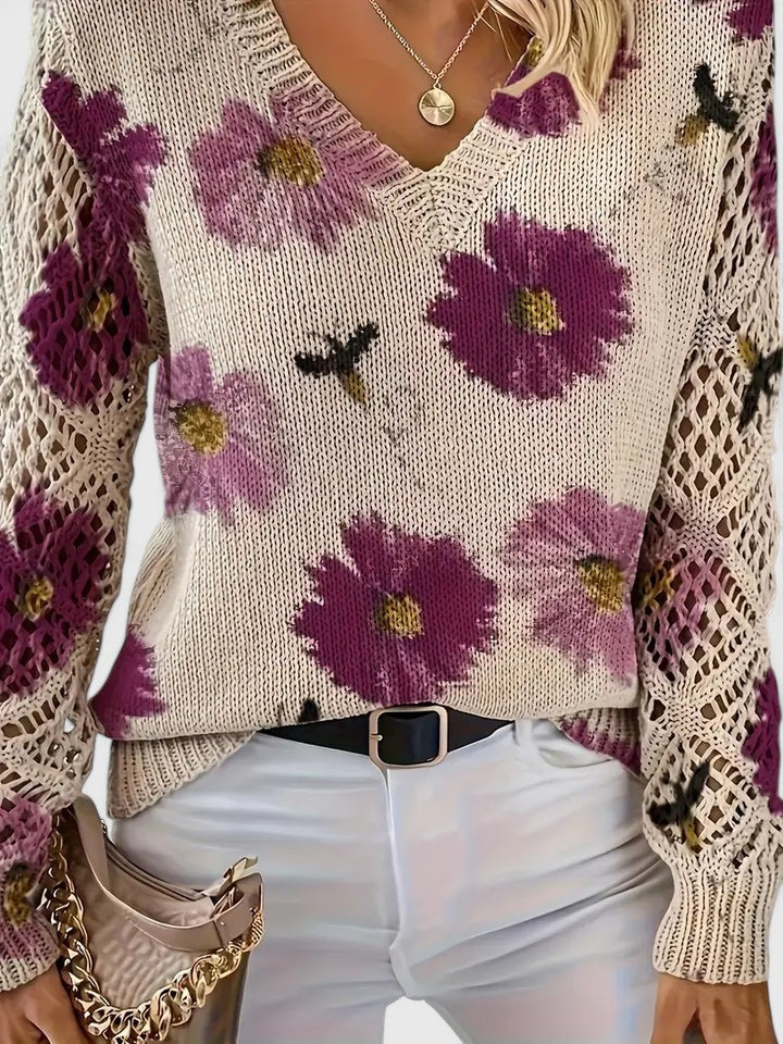 Pull en maille imprimé à col en V pour femme – Haut ajouré respirant pour les événements printaniers et les week-ends