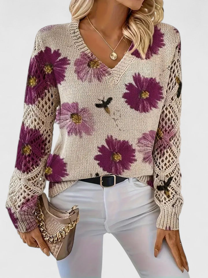Pull en maille imprimé à col en V pour femme – Haut ajouré respirant pour les événements printaniers et les week-ends