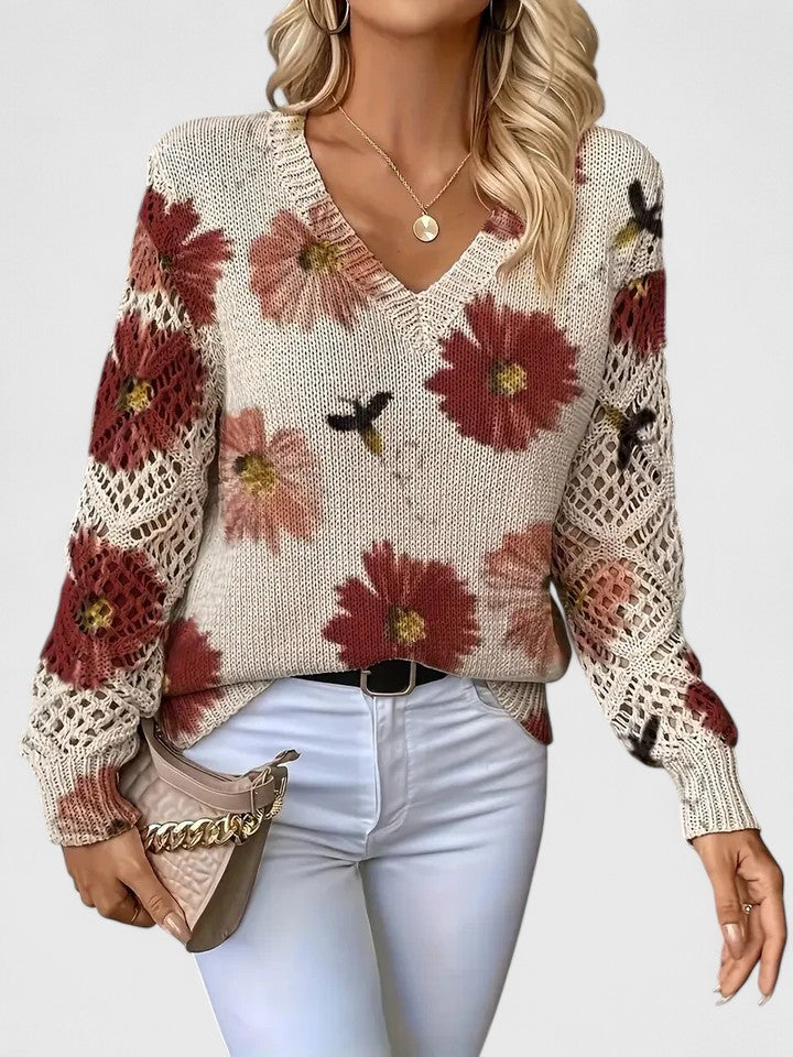 Pull en maille imprimé à col en V pour femme – Haut ajouré respirant pour les événements printaniers et les week-ends
