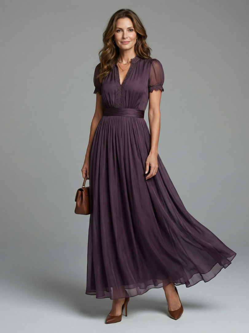 Women’s Pleated Waist Maxi Dress with Sheer Sleeves