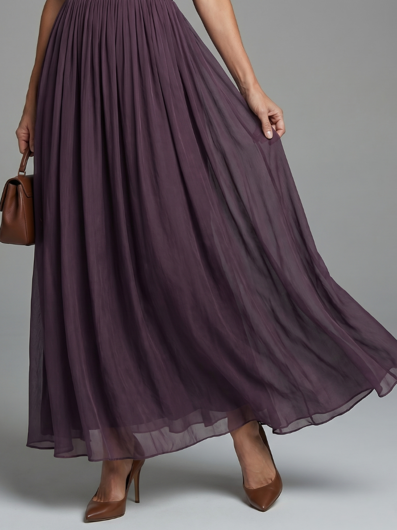 Women’s Pleated Waist Maxi Dress with Sheer Sleeves