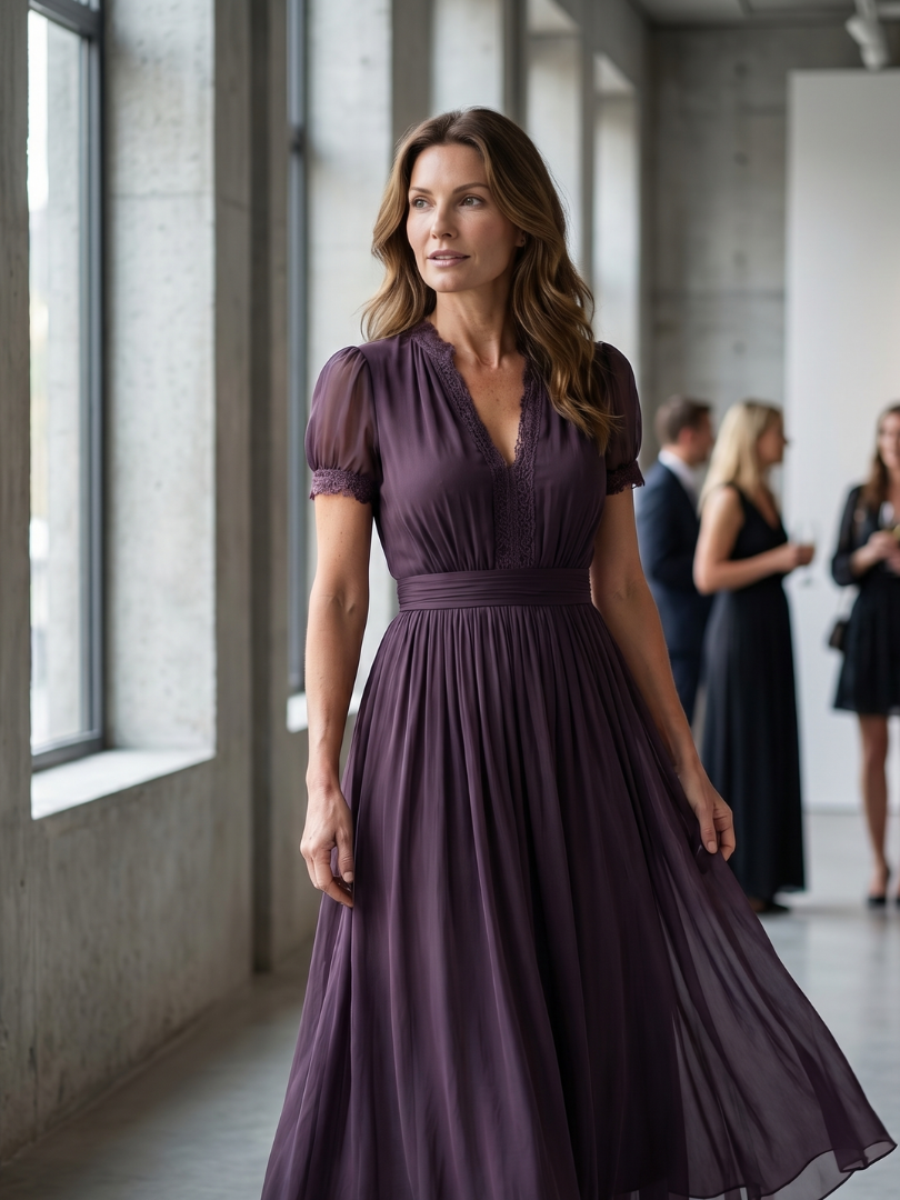 Women’s Pleated Waist Maxi Dress with Sheer Sleeves