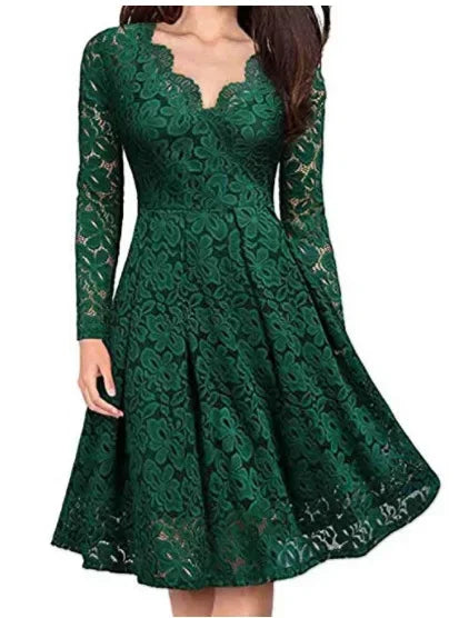 Robe pour femme avec superposition en dentelle, col en V festonné, longueur midi