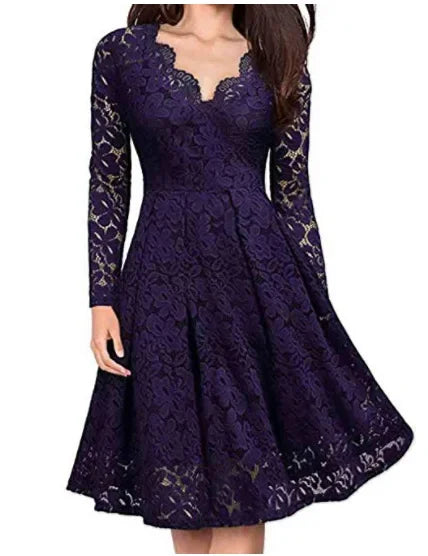 Robe pour femme avec superposition en dentelle, col en V festonné, longueur midi