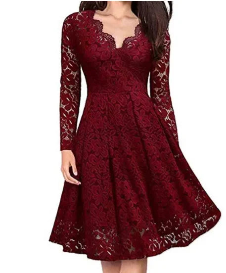 Robe pour femme avec superposition en dentelle, col en V festonné, longueur midi