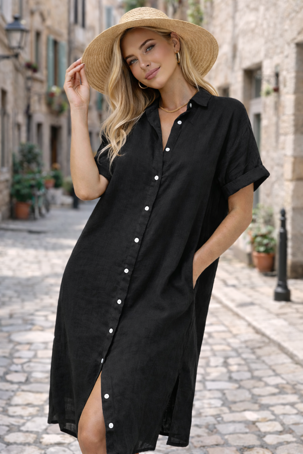 Vestito camicia da donna in cotone con bottoni frontali, vestibilità estiva comoda