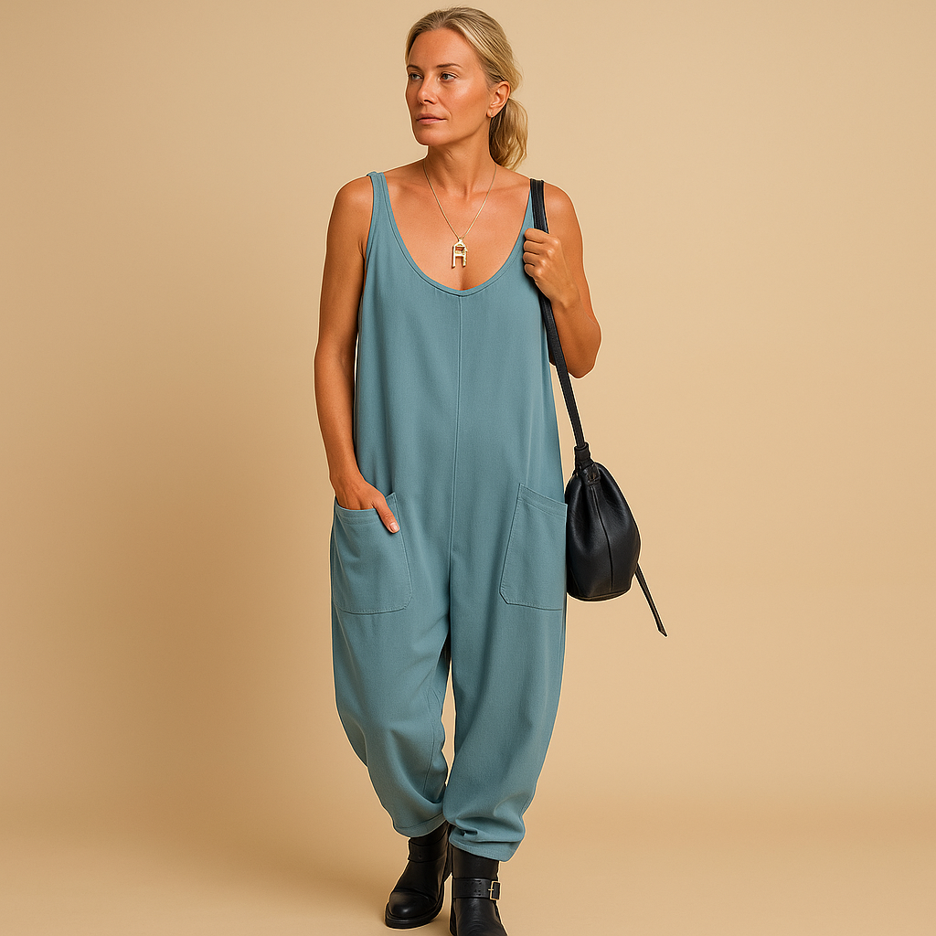 Women’s Relaxed V-Neck Jumpsuit with Patch Pockets – Lightweight Sleeveless Style for Summer Travel and Casual Days