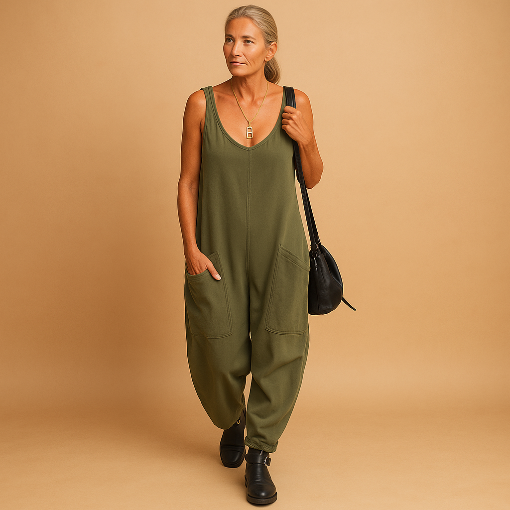 Women’s Relaxed V-Neck Jumpsuit with Patch Pockets – Lightweight Sleeveless Style for Summer Travel and Casual Days