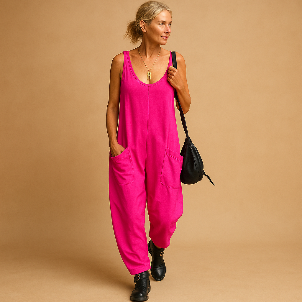 Women’s Relaxed V-Neck Jumpsuit with Patch Pockets – Lightweight Sleeveless Style for Summer Travel and Casual Days