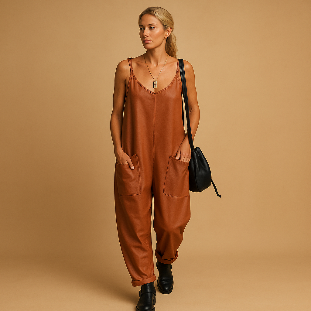 Women’s Relaxed V-Neck Jumpsuit with Patch Pockets – Lightweight Sleeveless Style for Summer Travel and Casual Days